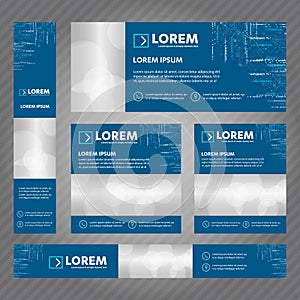 Set of web banners in standard sizes. Vector Abstract Templates design With background and header, diagonal stripes and button.