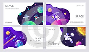 Set of web banners templates. Presentation. Space explore. UFO. Children cartoon  illustration. Science.