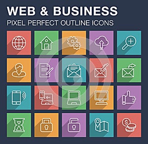 Set of web and business icons with long shadow.