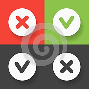 A set web buttons - green check mark, red cross and gray variants signs. Vector flat illustrations.