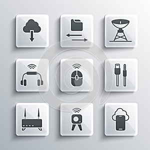 Set Web camera, Cloud technology data, USB cable cord, Wireless computer mouse, Router and wi-fi signal, Smart