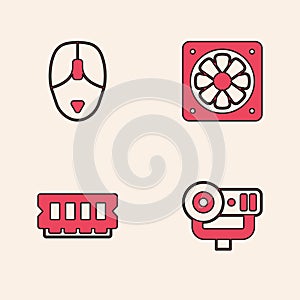 Set Web camera, Computer mouse, cooler and RAM, random access memory icon. Vector