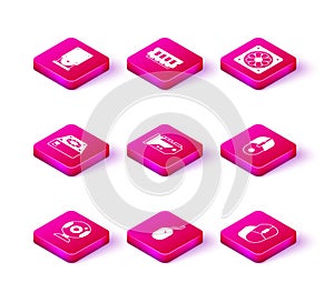 Set Web camera, Computer mouse, cooler, Video graphic card, and RAM, random access memory icon. Vector