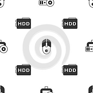 Set Web camera, Computer mouse and Hard disk drive HDD on seamless pattern. Vector
