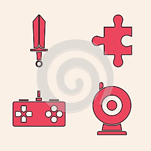 Set Web camera, Sword for game, Piece of puzzle and Gamepad icon. Vector