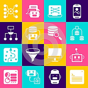 Set Web developer programming code, Artificial intelligence robot, Server, Data, Neural network, Algorithm, and icon