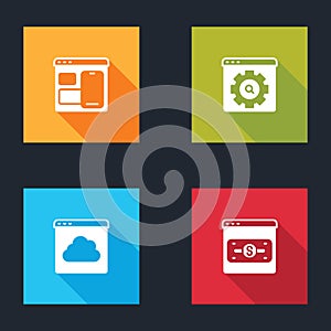 Set Web developer programming code, Browser setting, Cloud technology data transfer and Online shopping on screen icon