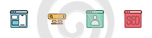 Set Web developer programming code, Search engine, Create account screen and SEO optimization icon. Vector