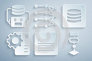 Set Web developer programming code, Server, Data, Neural network, Algorithm, and Artificial intelligence robot icon