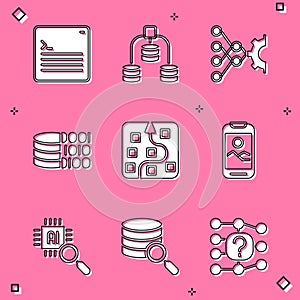 Set Web developer programming code, Server, Data, Neural network, Binary, Mobile phone, Processor CPU and icon. Vector