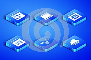 Set Web development, Browser files, Debugging, Binary code, Laptop and MySQL icon. Vector