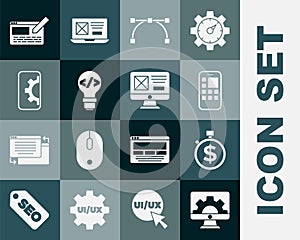 Set Web development, Time is money, Mobile Apps, Bezier curve, Front end, UI or UX design and icon. Vector