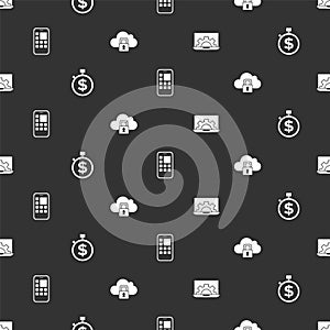 Set Web development, Time is money, Mobile Apps and Cloud computing lock on seamless pattern. Vector