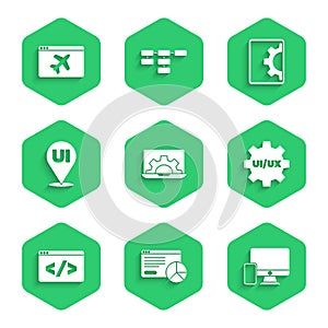 Set Web development, Website statistic, Monitor and mobile, UI UX design, Front end, and template icon. Vector