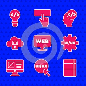 Set Web and graphic design, UI or UX, Sketchbook album, Cloud computing lock, Front end development and icon. Vector