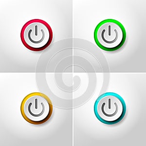 Set of web icon push button power. Red, green, yellow and blue colors. Vector illustration. Isolated on white background