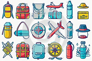 A set of web icons on a transparent isolated background. A collection of symbols about travel and recreation, vacations