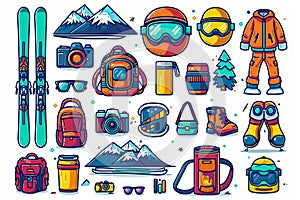 A set of web icons on a transparent isolated background. A collection of symbols about travel and recreation, vacations