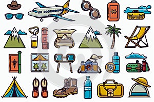 A set of web icons on a transparent isolated background. A collection of symbols about travel and recreation, vacations