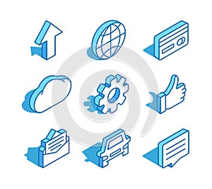 Set of web isometric icon. World, arrow up, cloud, gear, thumb up, car and more.