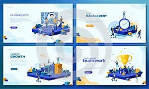 Set of web page concepts. HR management. Time management. Career growth. Successful teamwork. Teamwork metaphor concept.