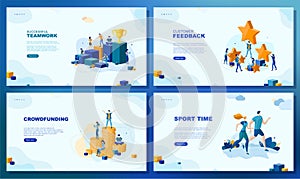 Set of web page concepts. Sport time. Customer feedback. Successful teamwork. Crowdfunding.