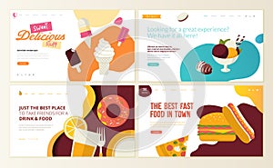 Set of web page design templates for fast food, ice cream, pastry shop, confectionery, sweets, restaurant, food and drink