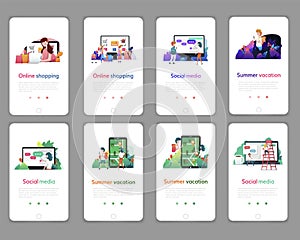Set of web page design templates for online shopping, digital marketing, social media, summer vacation.