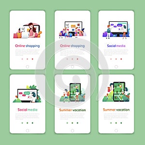 Set of web page design templates for online shopping, digital marketing, social media, summer vacation. Modern vector illustration