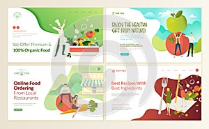 Set of web page design templates for organic food and drink, natural products, restaurant, online food ordering, recipes.