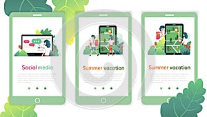 Set of web page design templates for social media, summer vacation. Modern vector illustration concepts for website and mobile web