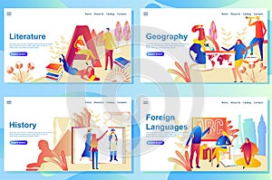 Set of web page design templates for subject in school. Literature, Geography, History and Foreign languages.