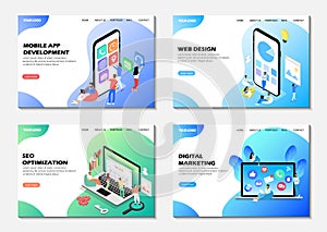 Set of web pages. Landing pages. Mobile app development, seo optimization, digital marketing, web design. Modern web pages for web