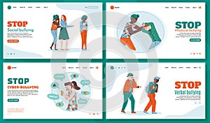 Set of web pages to stop bullying with teenagers flat vector illustration.