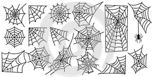 Set of web silhouettes. Spider web collection for halloween. Black and white illustration of elements for decor for the
