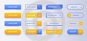 Set of web and ui application color buttons. Element design for website. Action buttons collection for navigation