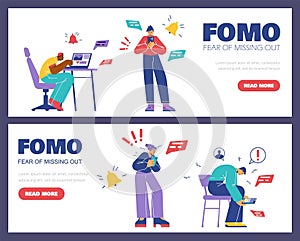 Set of website banner templates about FOMO syndrome flat style