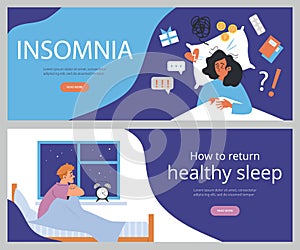 Set of website banner templates about insomnia flat style, vector illustration