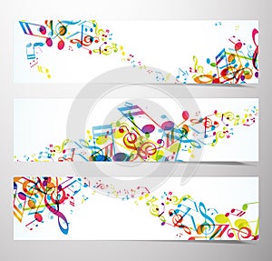 Set of website banners with colorful music notes.