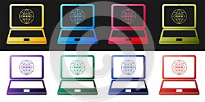 Set Website on laptop screen icon isolated on black and white background. Globe on screen of laptop symbol. World wide