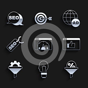 Set Website statistic, Light bulb with concept of idea, Lead management, Customer product rating, Sales funnel gear, SEO