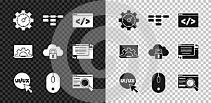 Set Website statistic, Site map, Front end development, UI or UX design, Computer mouse, and Cloud computing lock icon