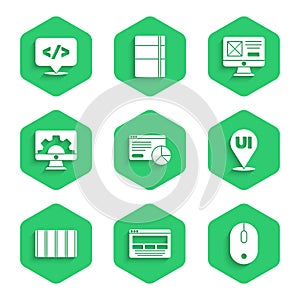 Set Website statistic, UI or UX design, Computer mouse, Color palette guide, development, and Front end icon. Vector
