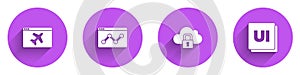 Set Website template, statistic, Cloud computing lock and UI or UX design icon with long shadow. Vector