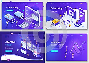 Set Website templates, Concept for business technologies, data analysis, e-learning, adaptive design. Vector illustration concept