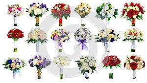 Set of wedding bouquets isolated on white, 18 bouquets of the br