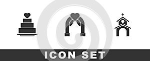 Set Wedding cake with heart, arch and Church building icon. Vector