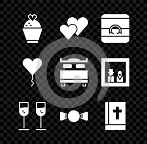 Set Wedding cake with heart, Heart, rings, Glass of champagne, Bow tie, Holy bible book, Balloon form and Bedroom icon