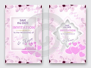 Set of wedding card. Decorative greeting card or invitation design with cherry or sakura flower and balloon hearts. Vector