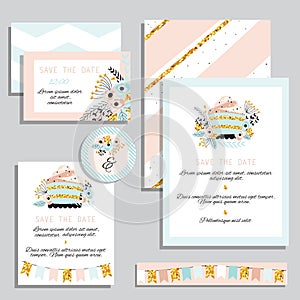 Set wedding card in pastel colors.